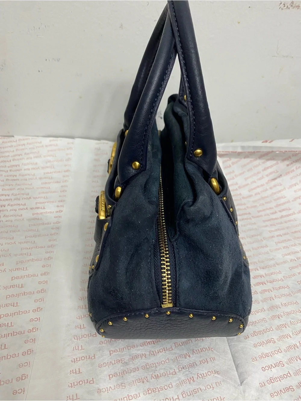 Cole Haan Suede and Leather Exterior Satchel Handbag with Gold Hardware. New